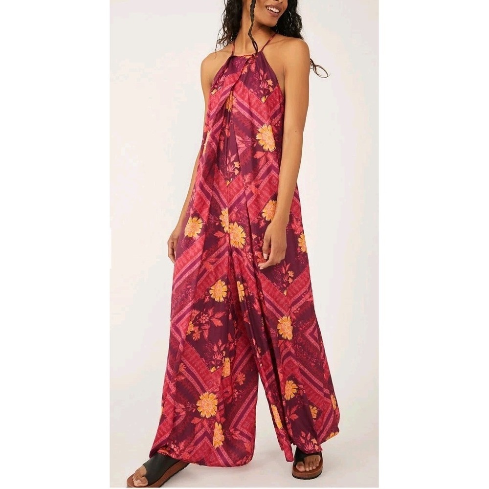 Free People Luca Wide Leg Jumpsuit M Satin Halter Backless Floral Boho Romper